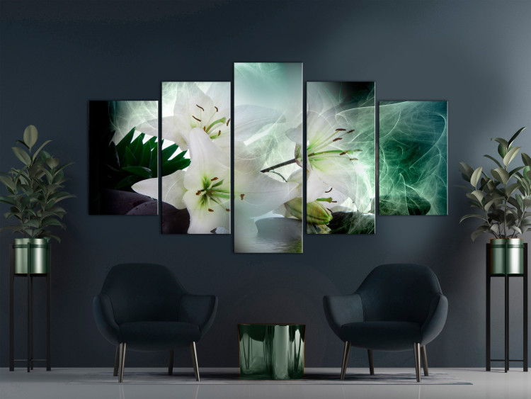 Canvas Print Turquoise Wind (5-piece) Wide - lilies on an abstract background 143414 additionalImage 3