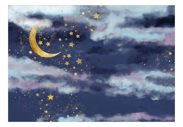 Wall Mural Night sky - children's landscape with golden moon and stars 143714 additionalImage 1