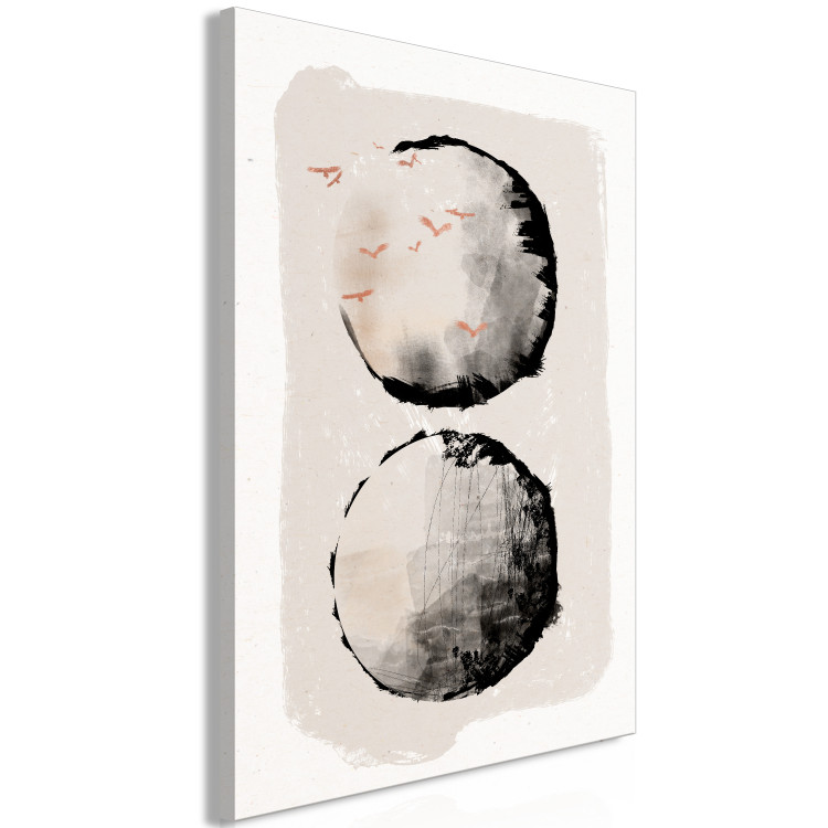 Canvas Art Print Two Moons (1-piece) - Japanese abstraction in two circles and birds 145314 additionalImage 2