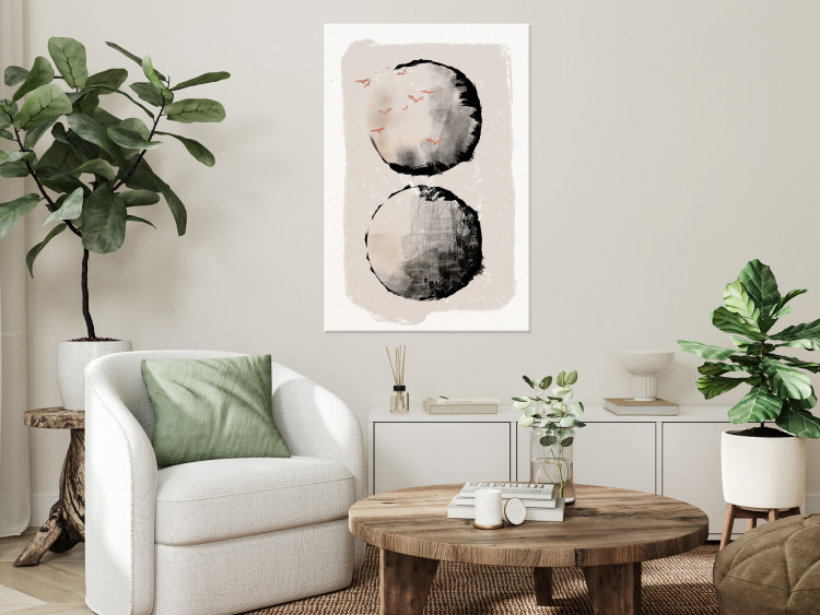 Canvas Art Print Two Moons (1-piece) - Japanese abstraction in two circles and birds 145314 additionalImage 3