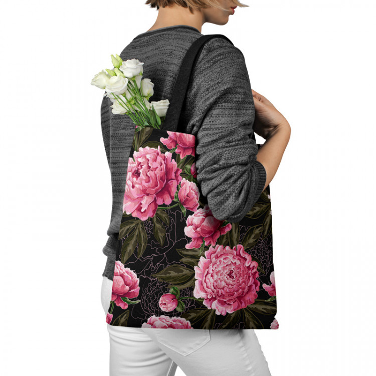 Shopping Bag Chinese peonies - floral motif in shades of pink on a dark background 147614 additionalImage 3