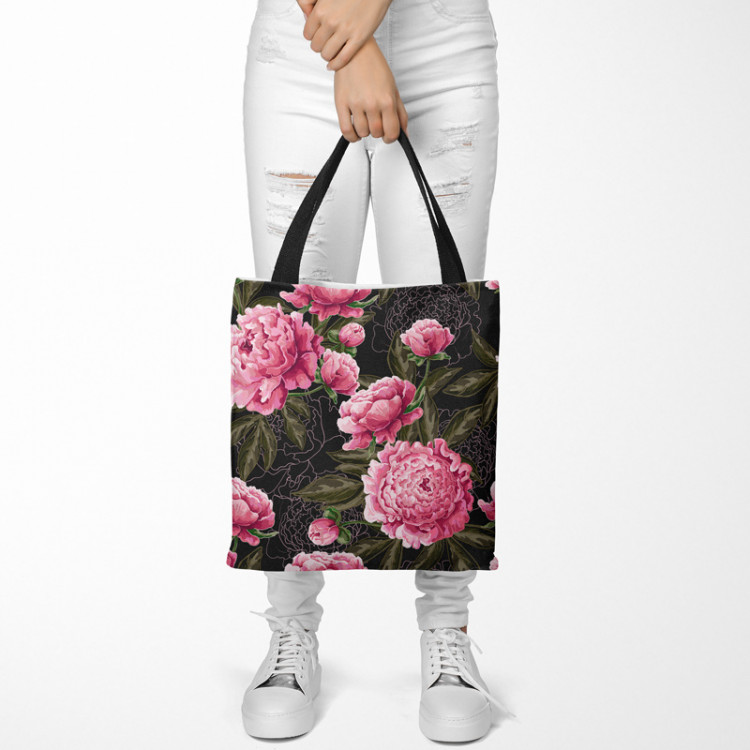 Shopping Bag Chinese peonies - floral motif in shades of pink on a dark background 147614 additionalImage 2