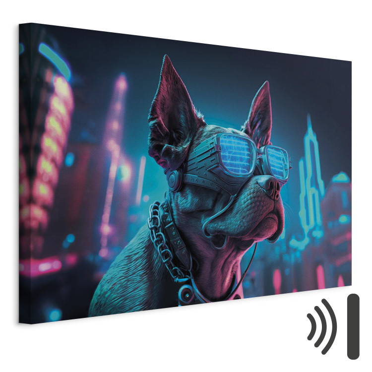 Canvas Art Print AI Dog Boston Terrier - Blue Animal in Glowing Glasses on City Neon Background - Horizontal 150114 additionalImage 8