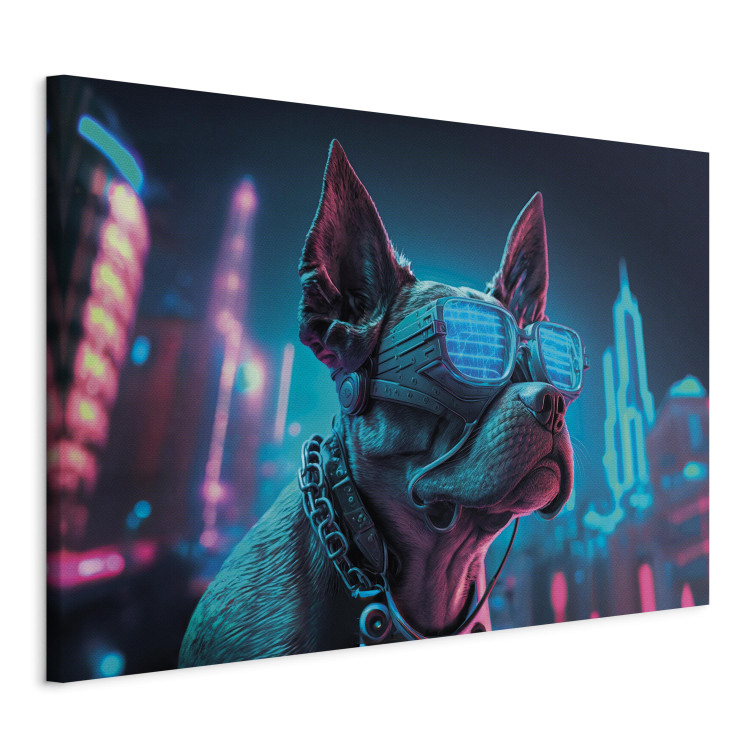 Canvas Art Print AI Dog Boston Terrier - Blue Animal in Glowing Glasses on City Neon Background - Horizontal 150114 additionalImage 2