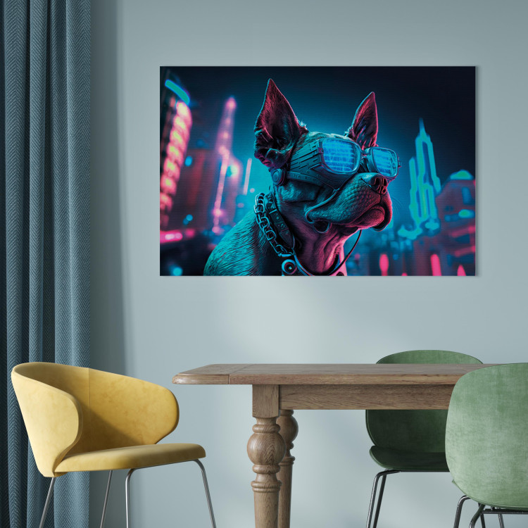 Canvas Art Print AI Dog Boston Terrier - Blue Animal in Glowing Glasses on City Neon Background - Horizontal 150114 additionalImage 11