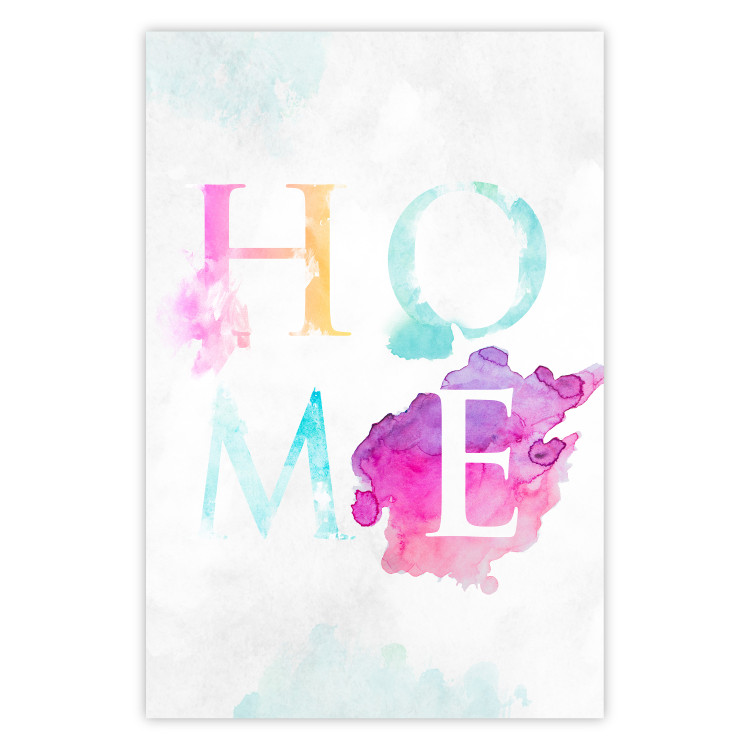 Wall Poster Rainbow Home - colorful English text "home" on a light blue sky background 114424