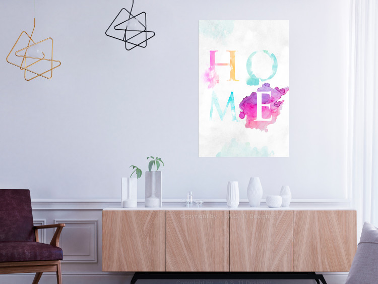Wall Poster Rainbow Home - colorful English text "home" on a light blue sky background 114424 additionalImage 23