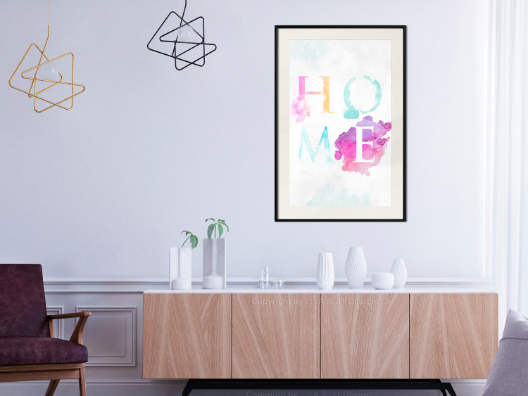 Wall Poster Rainbow Home - colorful English text "home" on a light blue sky background 114424 additionalImage 22
