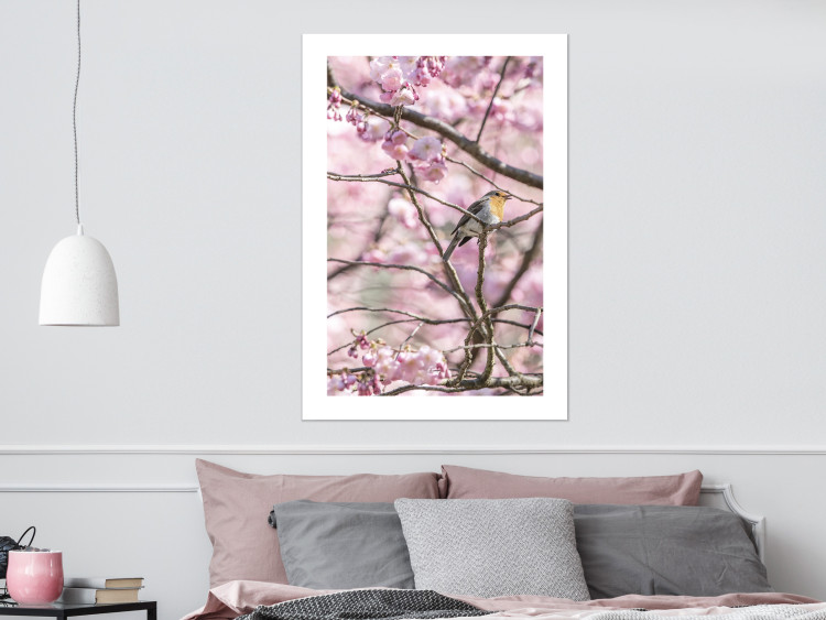Poster Robin on Tree - small bird among branches and pink apple blossoms 116724 additionalImage 4