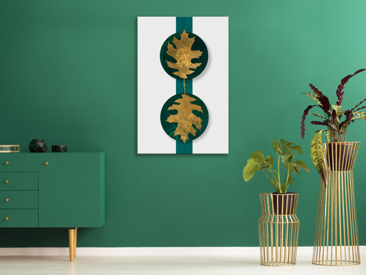 Canvas Art Print Golden leaves - a botanical motif on an emerald, geometric background 117524 additionalImage 3