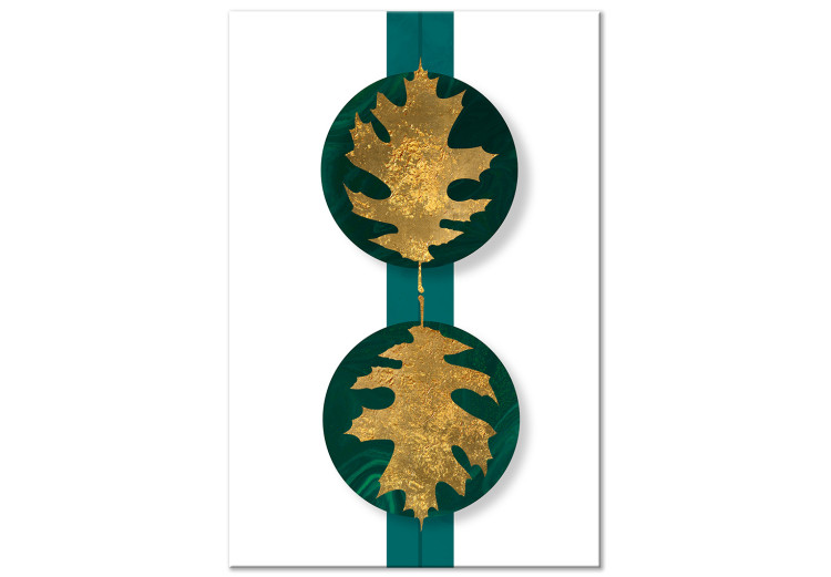 Canvas Art Print Golden leaves - a botanical motif on an emerald, geometric background 117524