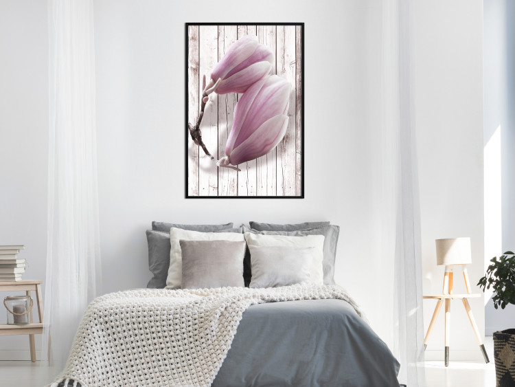 Wall Poster Provence Magnolia - pink flowers on a background of white wooden boards 122724 additionalImage 3