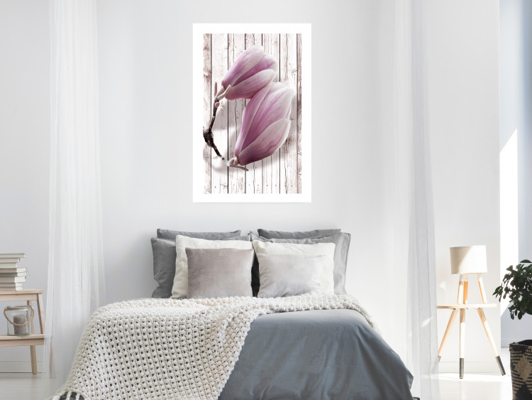 Wall Poster Provence Magnolia - pink flowers on a background of white wooden boards 122724 additionalImage 2
