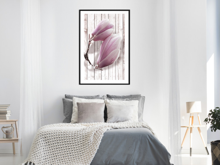 Wall Poster Provence Magnolia - pink flowers on a background of white wooden boards 122724 additionalImage 4