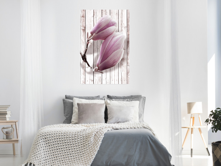 Wall Poster Provence Magnolia - pink flowers on a background of white wooden boards 122724 additionalImage 17