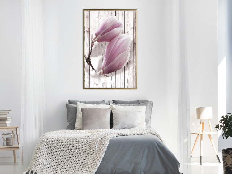 Wall Poster Provence Magnolia - pink flowers on a background of white wooden boards 122724 additionalImage 5