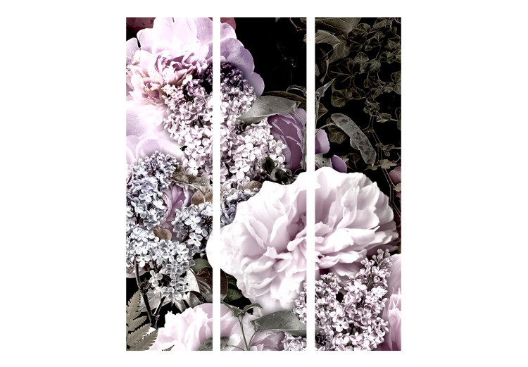 Folding Screen Vintage Garden (3-piece) - pink flowers and leaves on a black background 124024 additionalImage 3