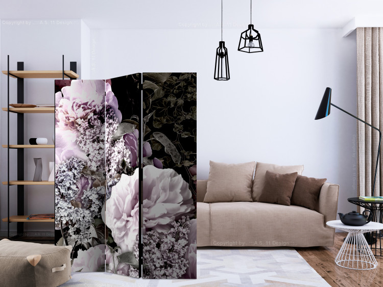 Folding Screen Vintage Garden (3-piece) - pink flowers and leaves on a black background 124024 additionalImage 4