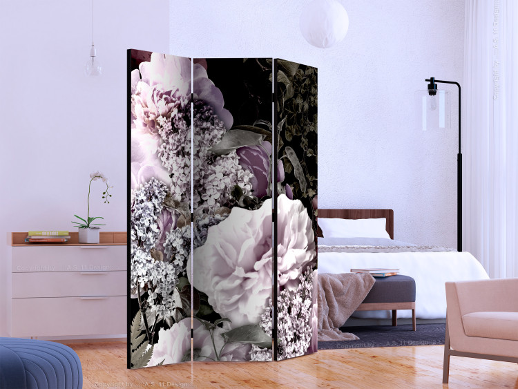 Folding Screen Vintage Garden (3-piece) - pink flowers and leaves on a black background 124024 additionalImage 2