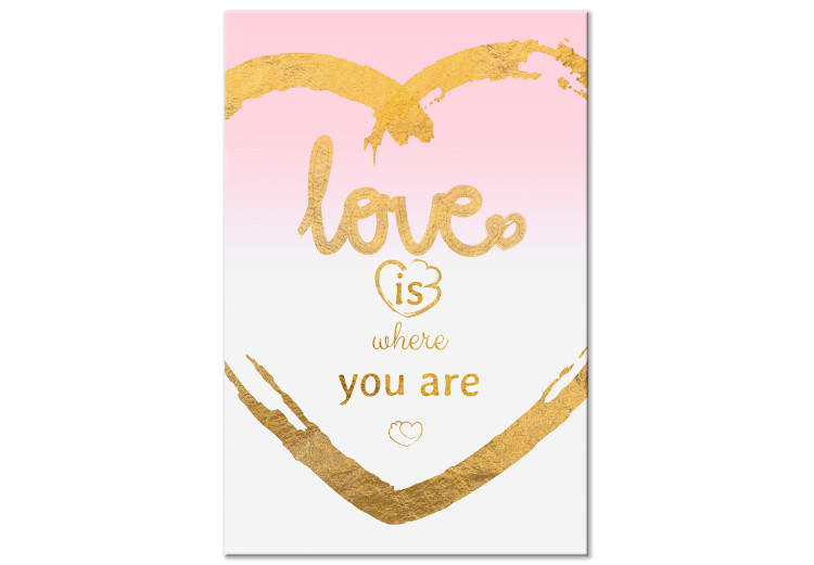 Canvas Art Print Love is where you are - English inscription inside a golden heart 125224
