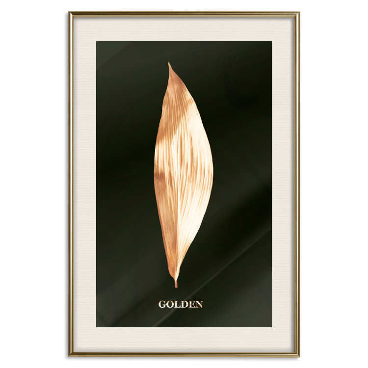 Poster Modest Elegance - plant composition of a golden leaf on a black background 130524 additionalImage 20