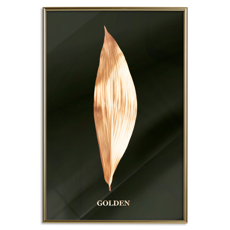 Poster Modest Elegance - plant composition of a golden leaf on a black background 130524 additionalImage 21