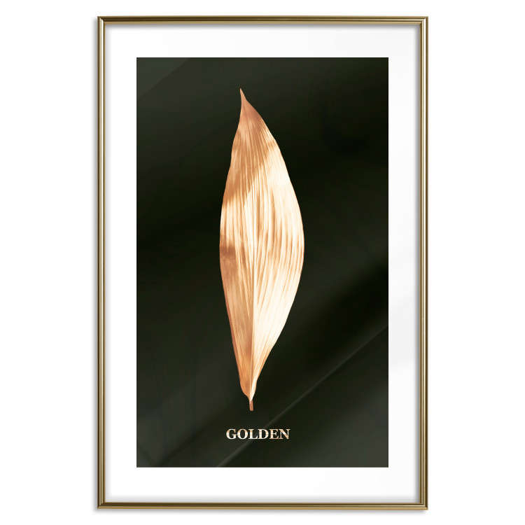 Poster Modest Elegance - plant composition of a golden leaf on a black background 130524 additionalImage 16