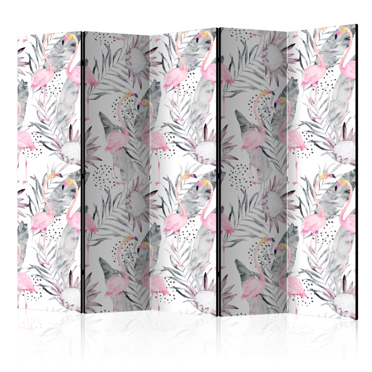 Room Divider Screen Flamingos and Branches II (5-piece) - pink birds and pastel flowers 132524