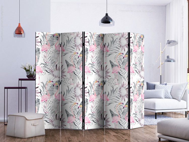 Room Divider Screen Flamingos and Branches II (5-piece) - pink birds and pastel flowers 132524 additionalImage 2