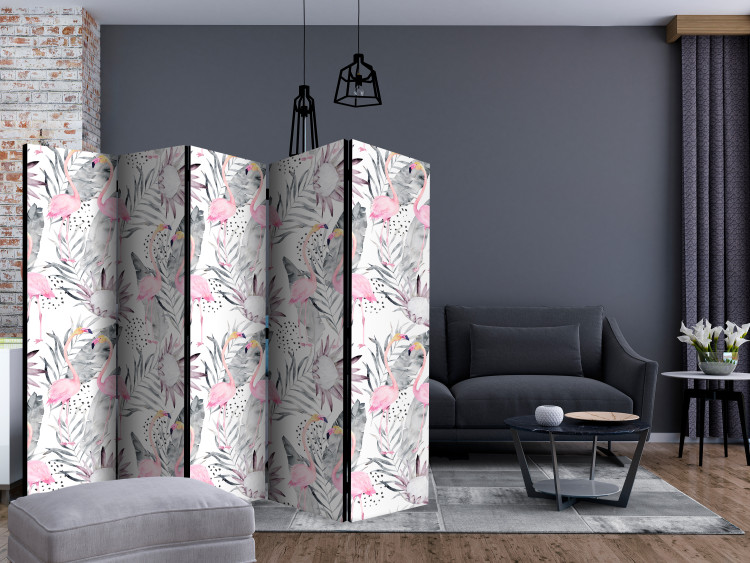 Room Divider Screen Flamingos and Branches II (5-piece) - pink birds and pastel flowers 132524 additionalImage 4