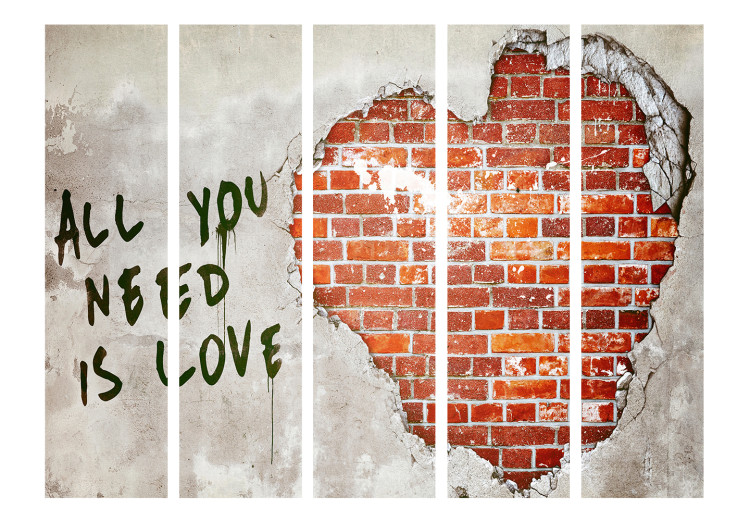 Folding Screen Love is All You Need II (5-piece) - heart and captions on a brick background 132624 additionalImage 3