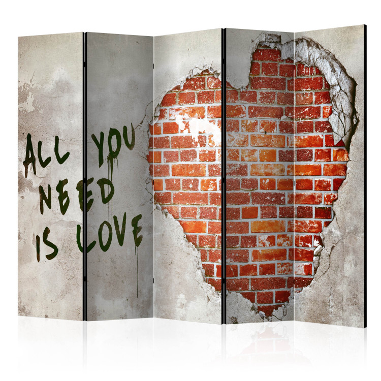 Folding Screen Love is All You Need II (5-piece) - heart and captions on a brick background 132624