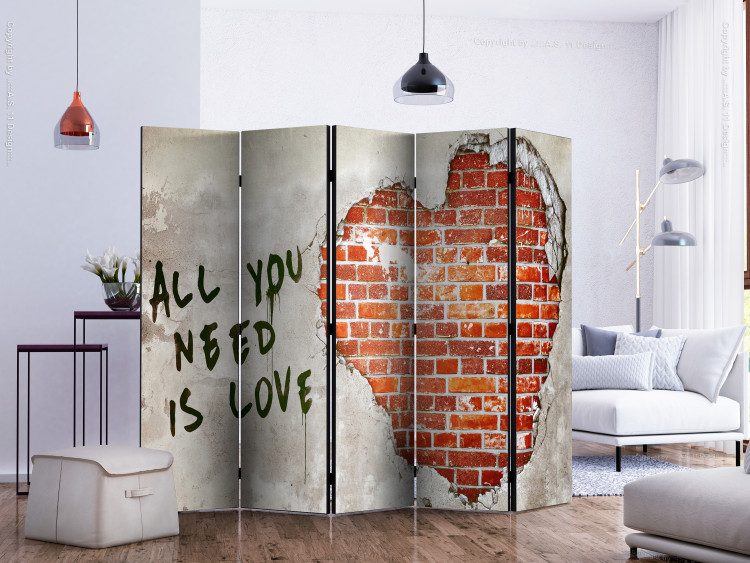 Folding Screen Love is All You Need II (5-piece) - heart and captions on a brick background 132624 additionalImage 2