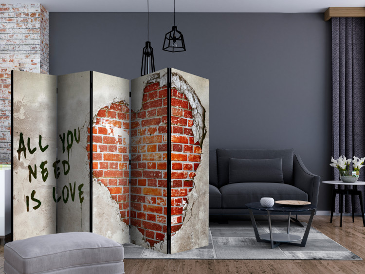 Folding Screen Love is All You Need II (5-piece) - heart and captions on a brick background 132624 additionalImage 4