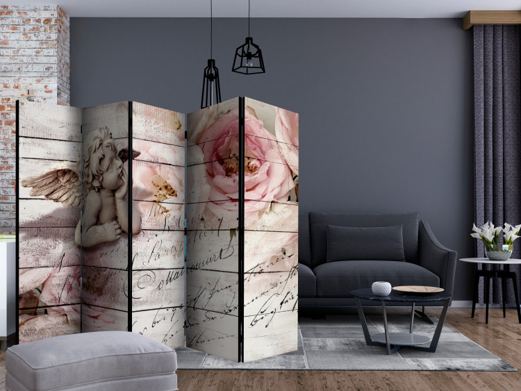 Room Divider Angel and Serenity II (5-piece) - sculpture and pink flowers on a backdrop of planks 133024 additionalImage 4