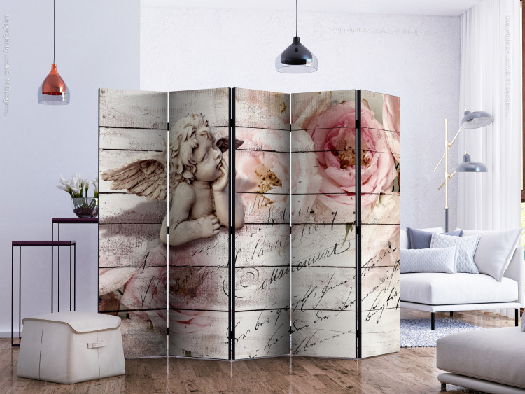 Room Divider Angel and Serenity II (5-piece) - sculpture and pink flowers on a backdrop of planks 133024 additionalImage 2