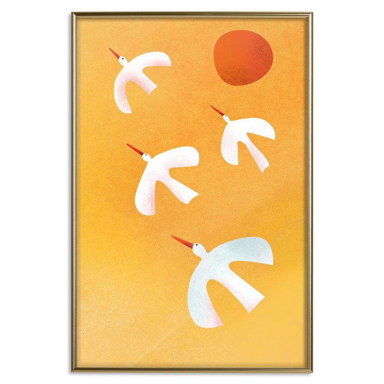 Wall Poster Stork Games - four white flying animals against a yellow sky 135724 additionalImage 6
