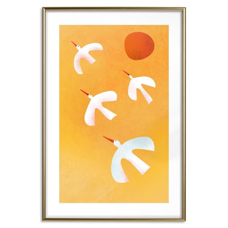 Wall Poster Stork Games - four white flying animals against a yellow sky 135724 additionalImage 2