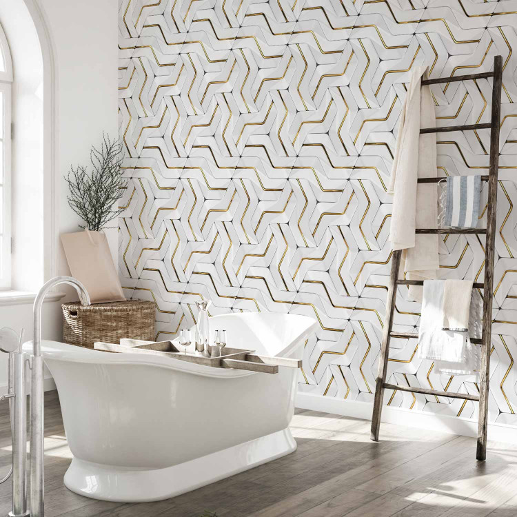 Photo Wallpaper Golden lines - an abstraction with a geometric motif of white elements 143324 additionalImage 8