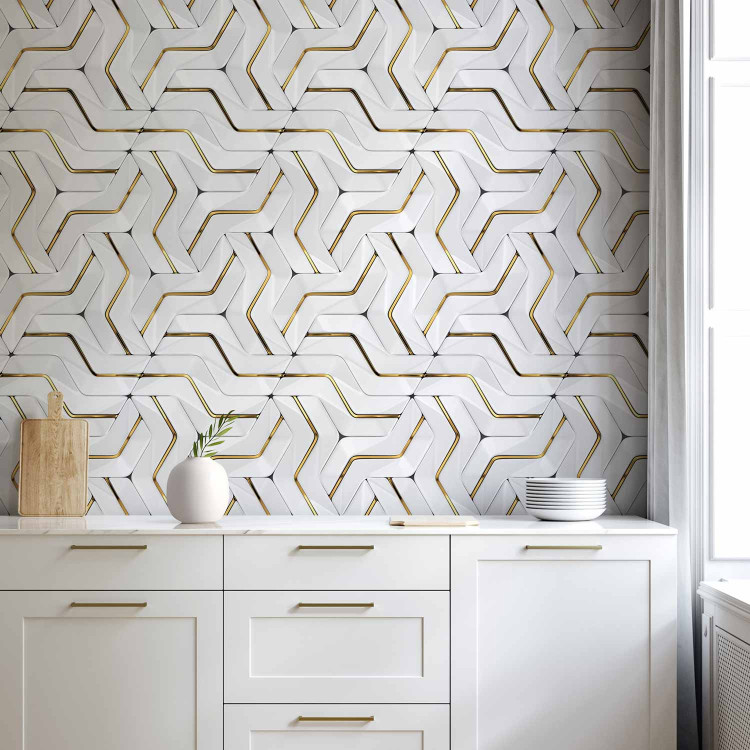 Photo Wallpaper Golden lines - an abstraction with a geometric motif of white elements 143324 additionalImage 6