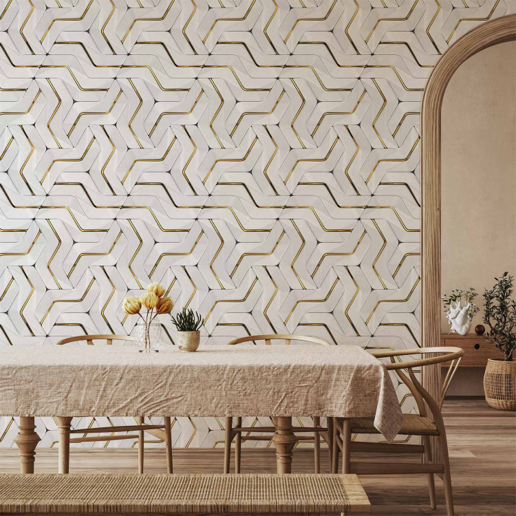 Photo Wallpaper Golden lines - an abstraction with a geometric motif of white elements 143324 additionalImage 4