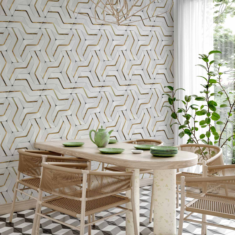 Photo Wallpaper Golden lines - an abstraction with a geometric motif of white elements 143324 additionalImage 7