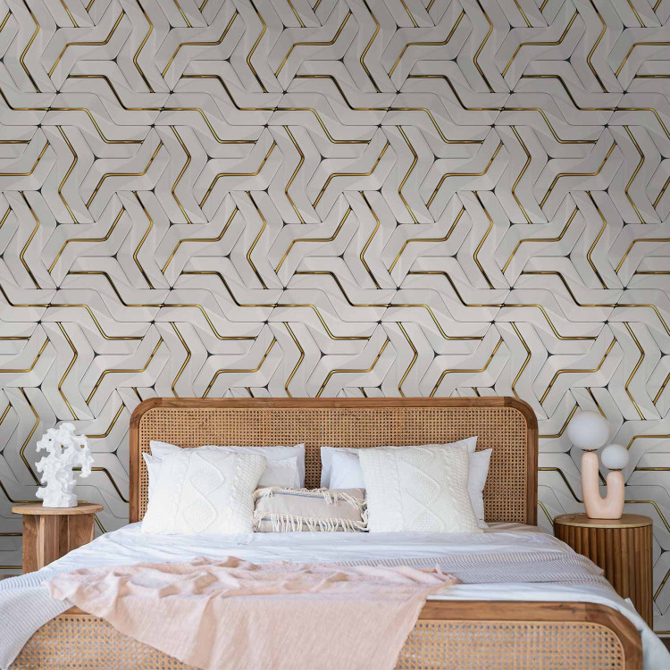 Photo Wallpaper Golden lines - an abstraction with a geometric motif of white elements 143324 additionalImage 2