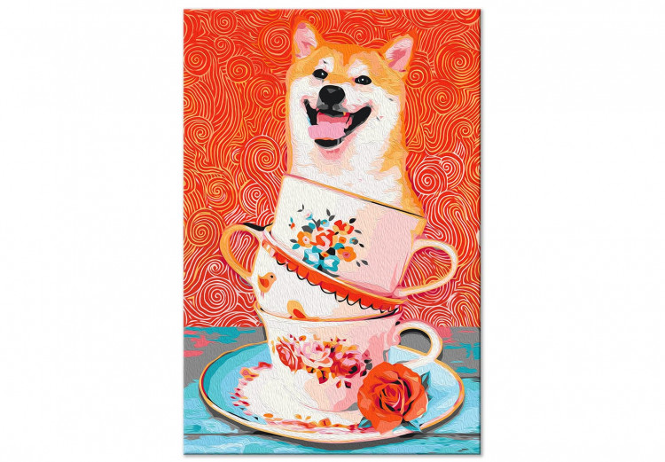 Paint by Number Kit Cheerful Dog - Laughing Shiba and Teacups on a Red Background 144524 additionalImage 6