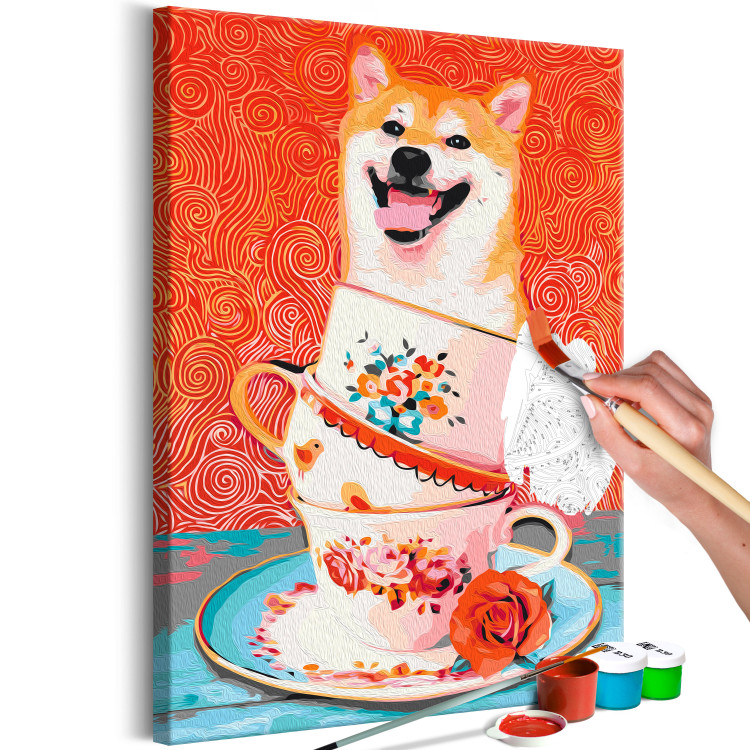 Paint by Number Kit Cheerful Dog - Laughing Shiba and Teacups on a Red Background 144524 additionalImage 3