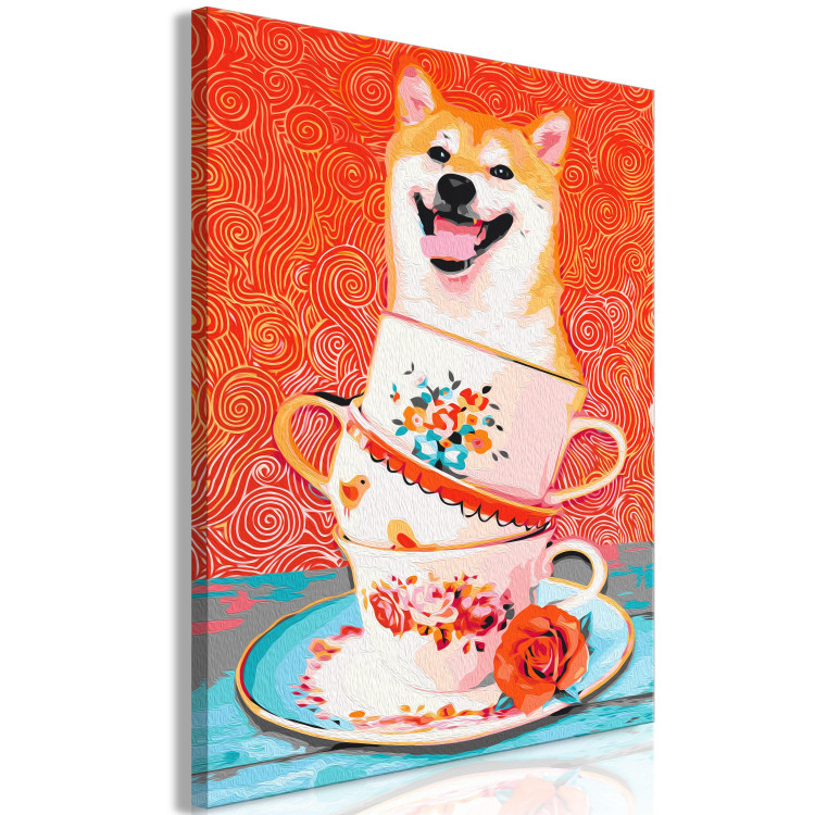 Paint by Number Kit Cheerful Dog - Laughing Shiba and Teacups on a Red Background 144524 additionalImage 4