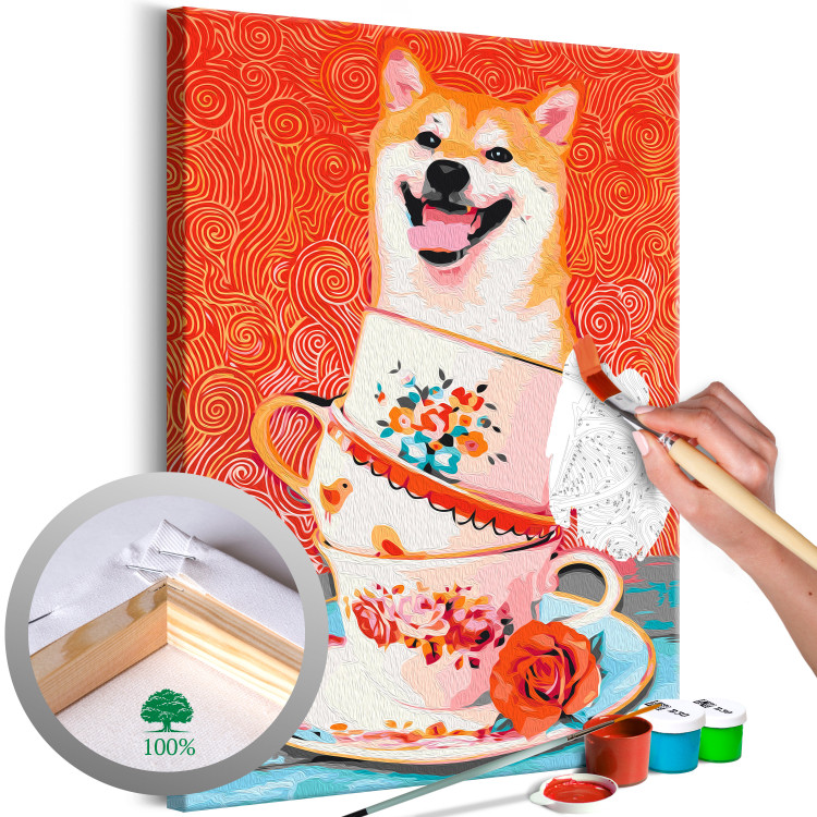 Paint by Number Kit Cheerful Dog - Laughing Shiba and Teacups on a Red Background 144524