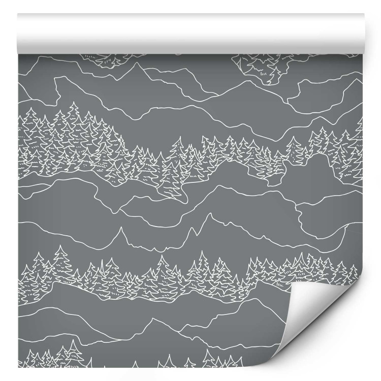 Modern Wallpaper Forest in the Mountains - Sketch of White Mountains and Christmas Trees on a Dark Gray Background 149924 additionalImage 1