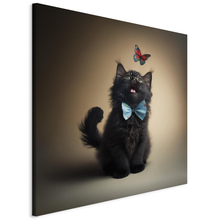 Canvas Print AI Cat - Animal in a Bow Tie Watching a Colorful Butterfly - Square 150124 additionalImage 2