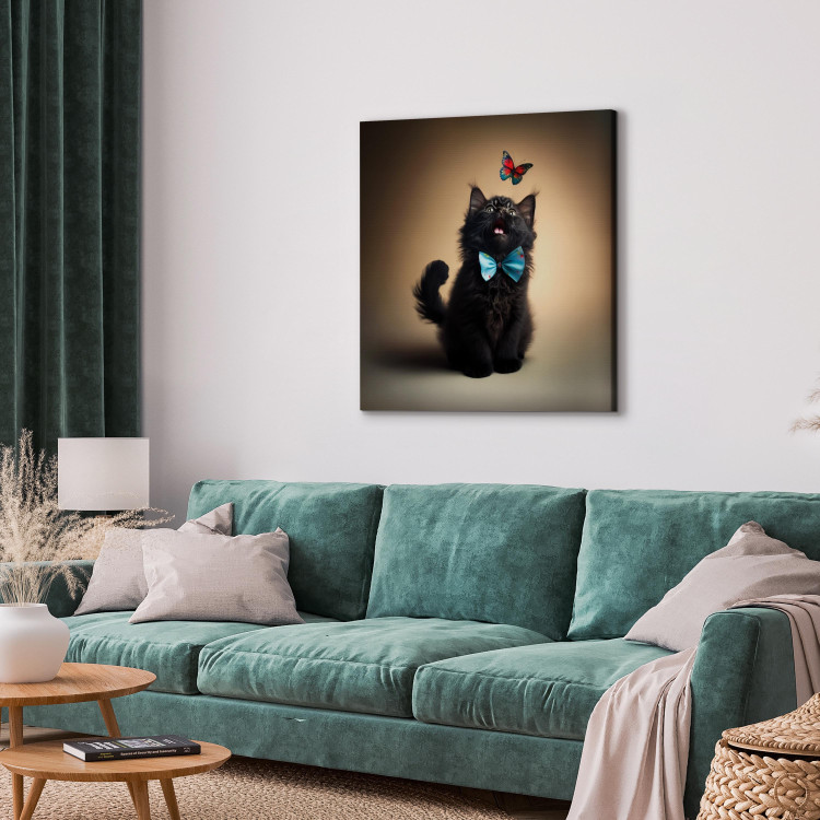Canvas Print AI Cat - Animal in a Bow Tie Watching a Colorful Butterfly - Square 150124 additionalImage 10